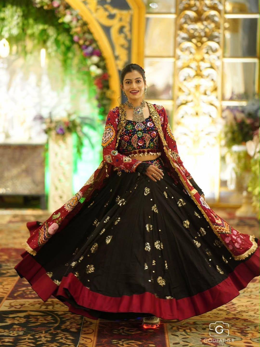 Black Mirror Work Muslin Navratri Lehenga Choli.