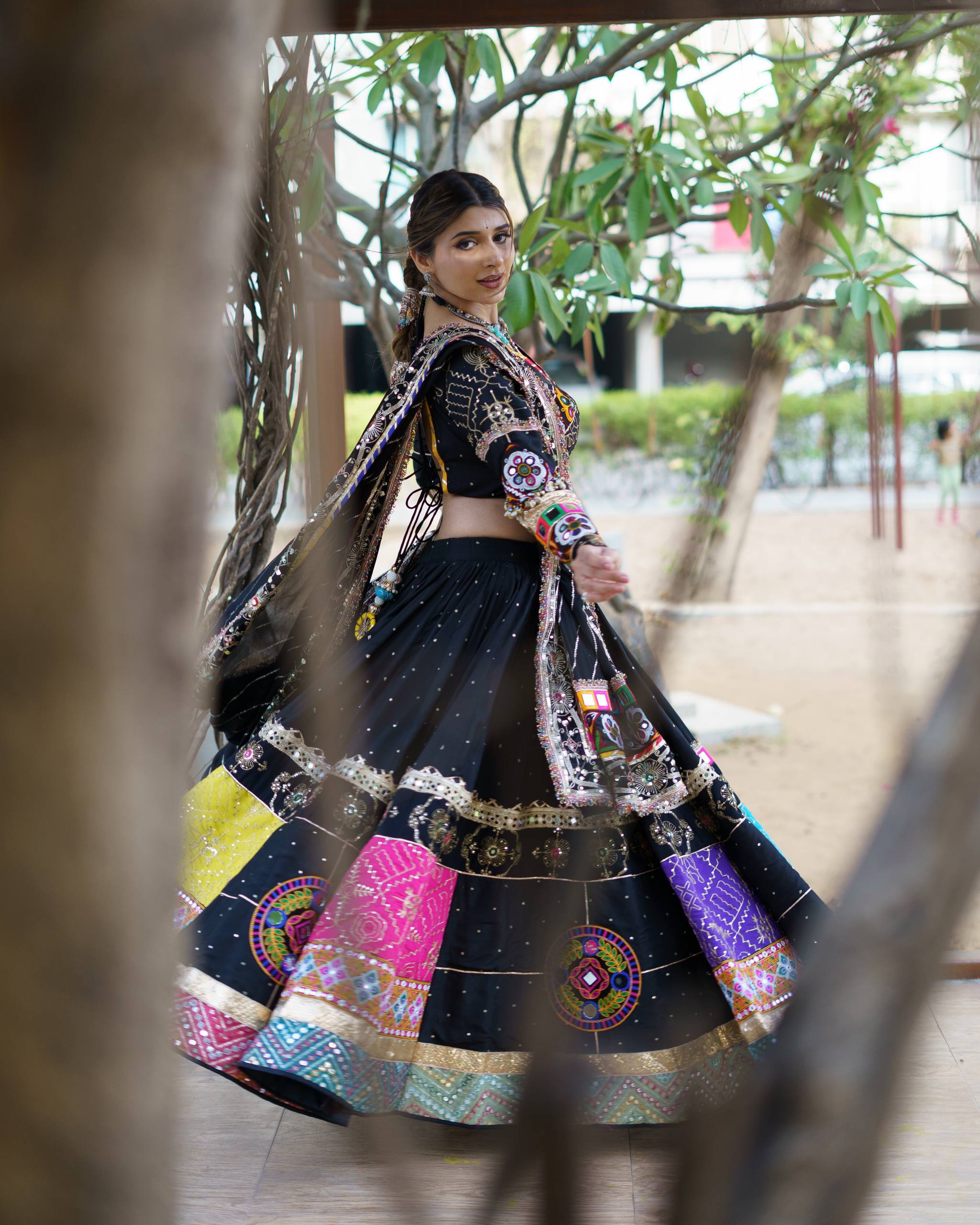 Black Mirror Work Muslin Navratri Lehenga Choli.