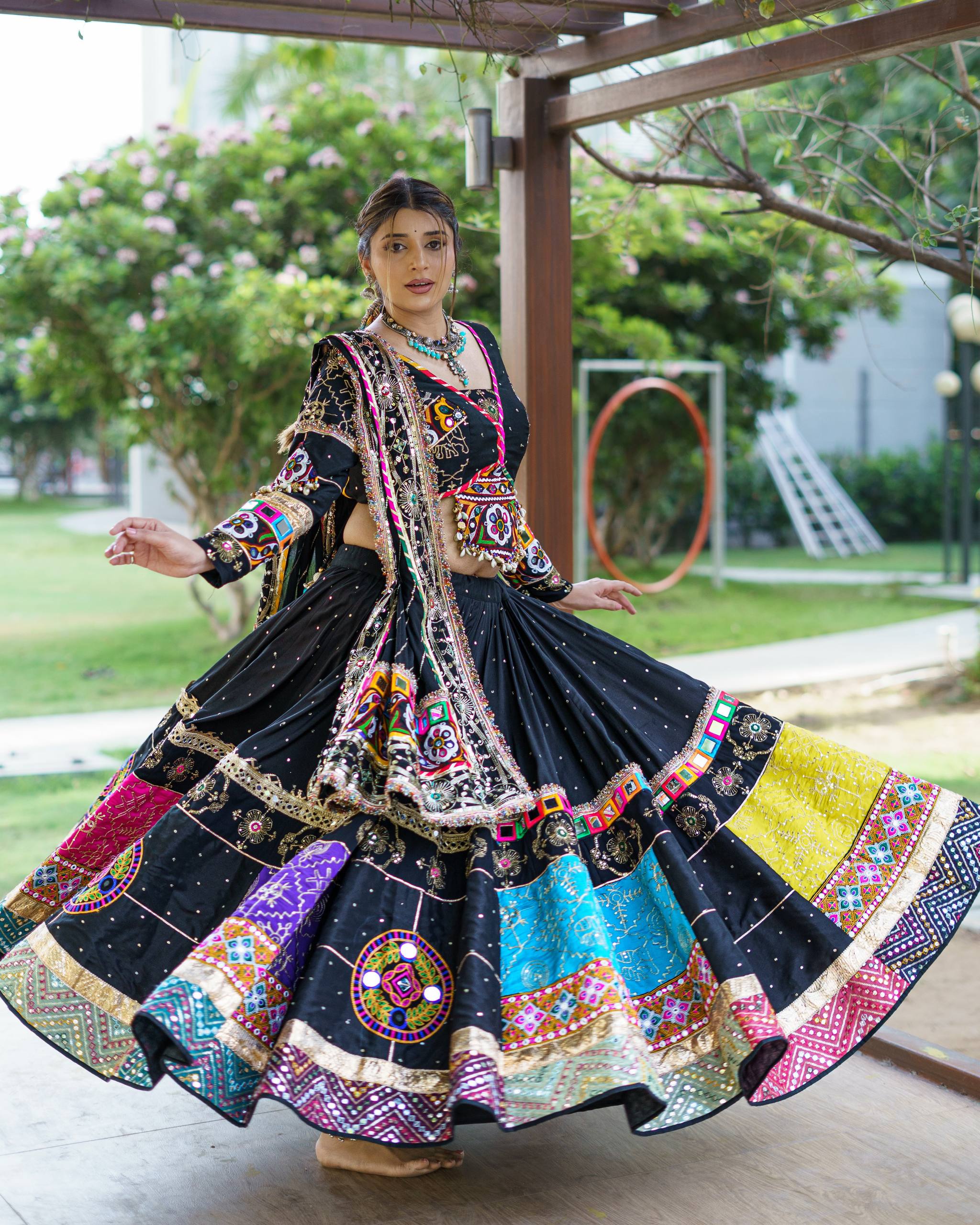 Black Mirror Work Muslin Navratri Lehenga Choli.