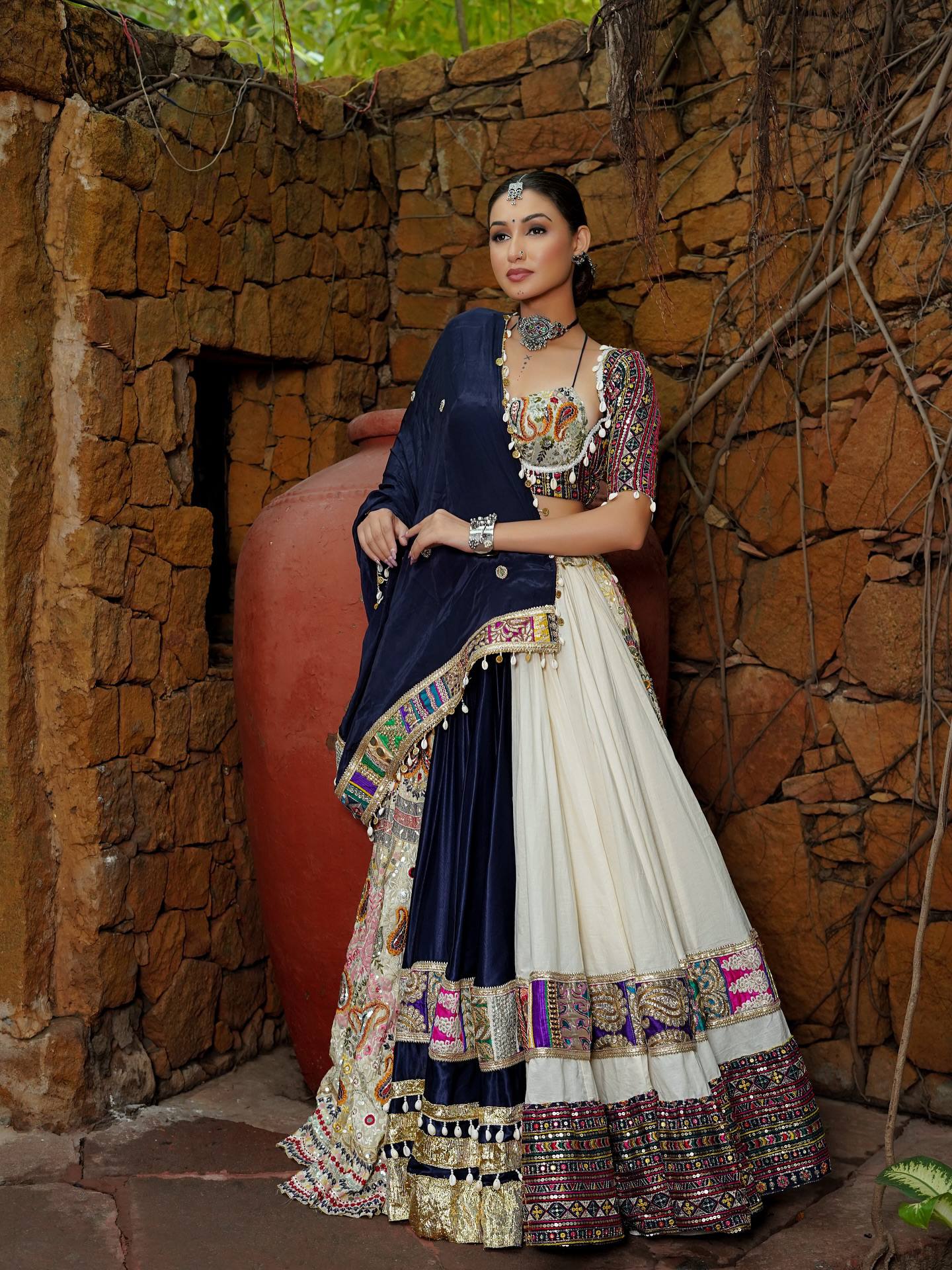 White- Blue Mirror Work Muslin Navratri Lehenga