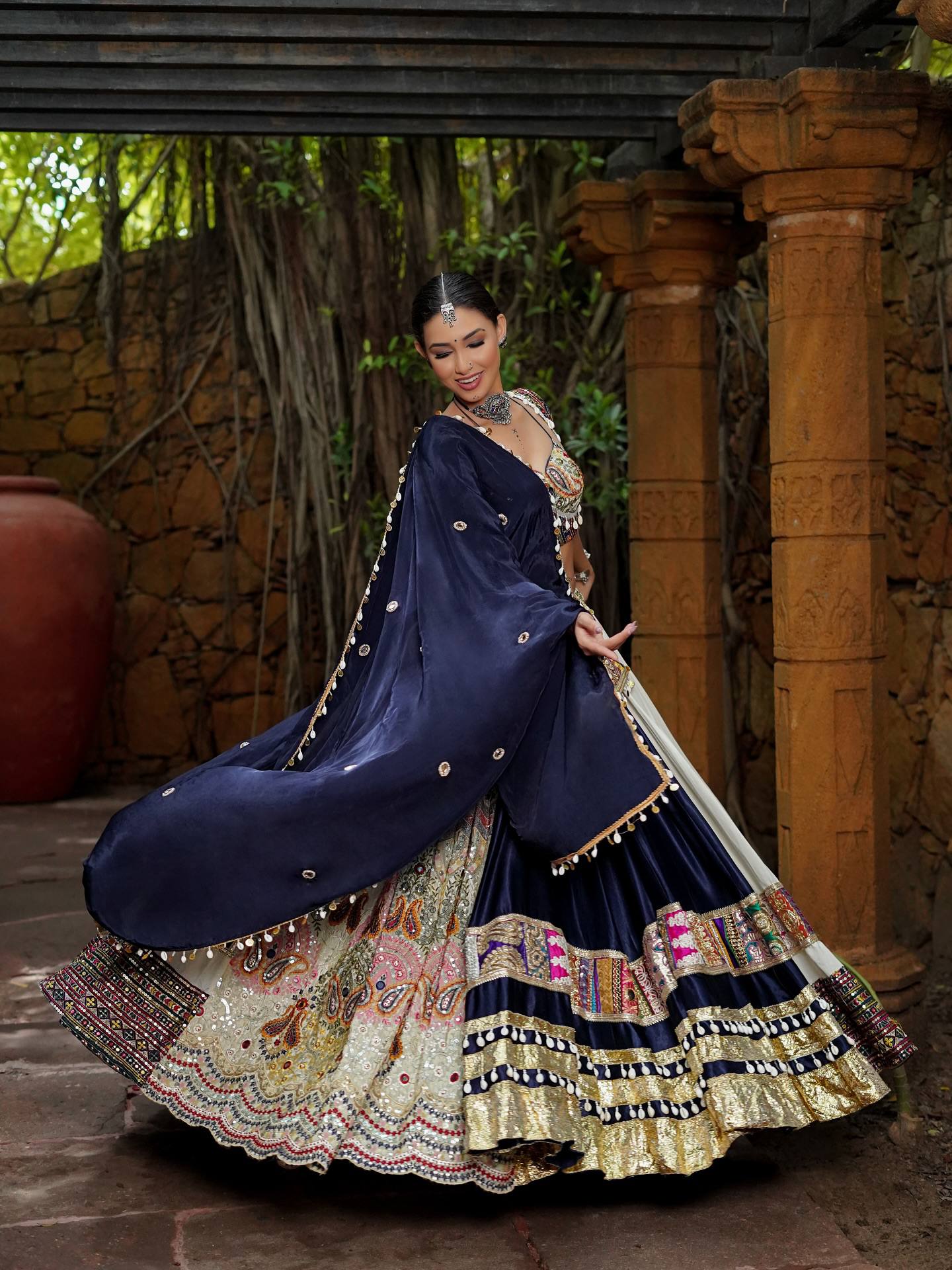 White- Blue Mirror Work Muslin Navratri Lehenga