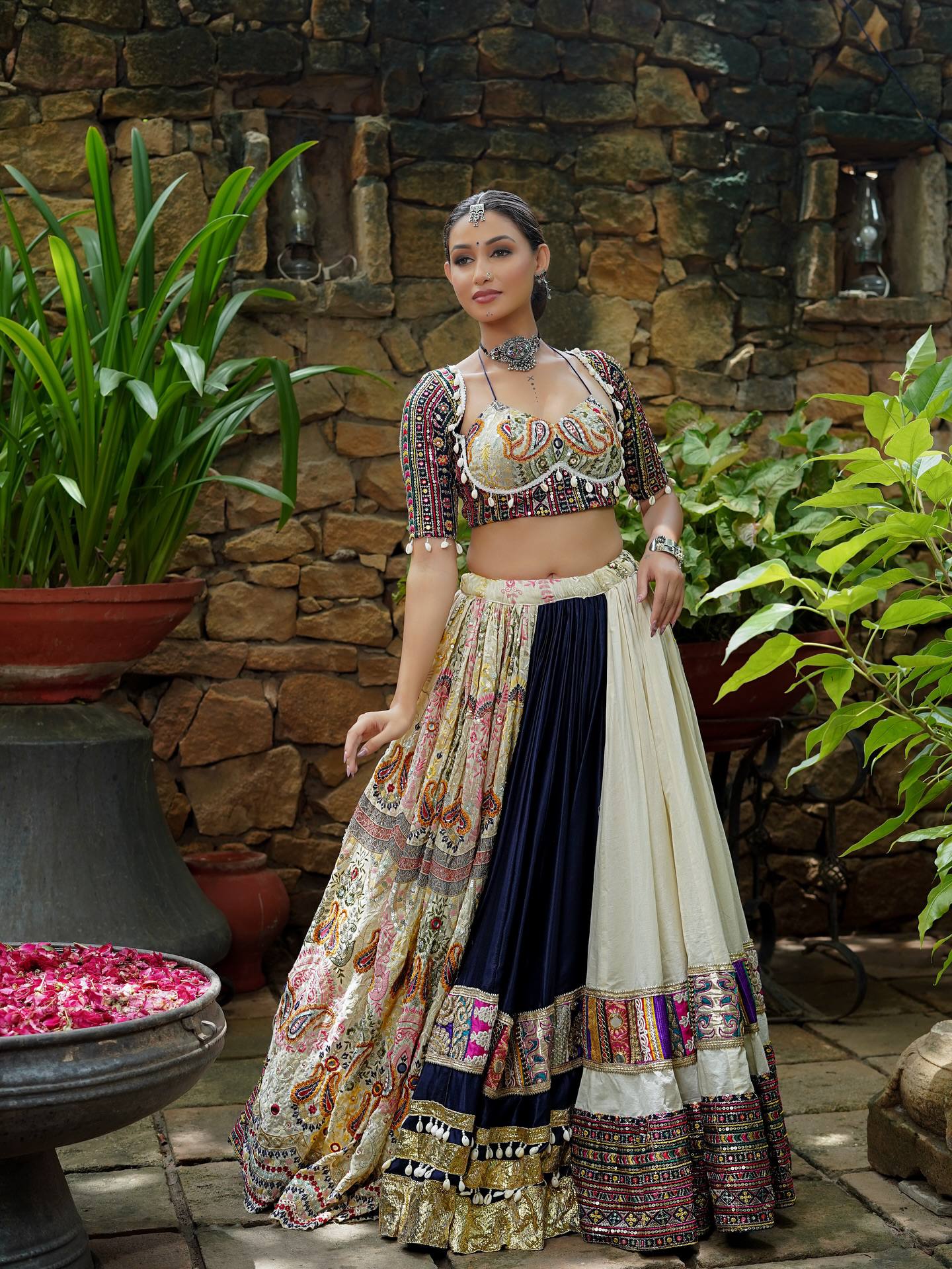 White- Blue Mirror Work Muslin Navratri Lehenga