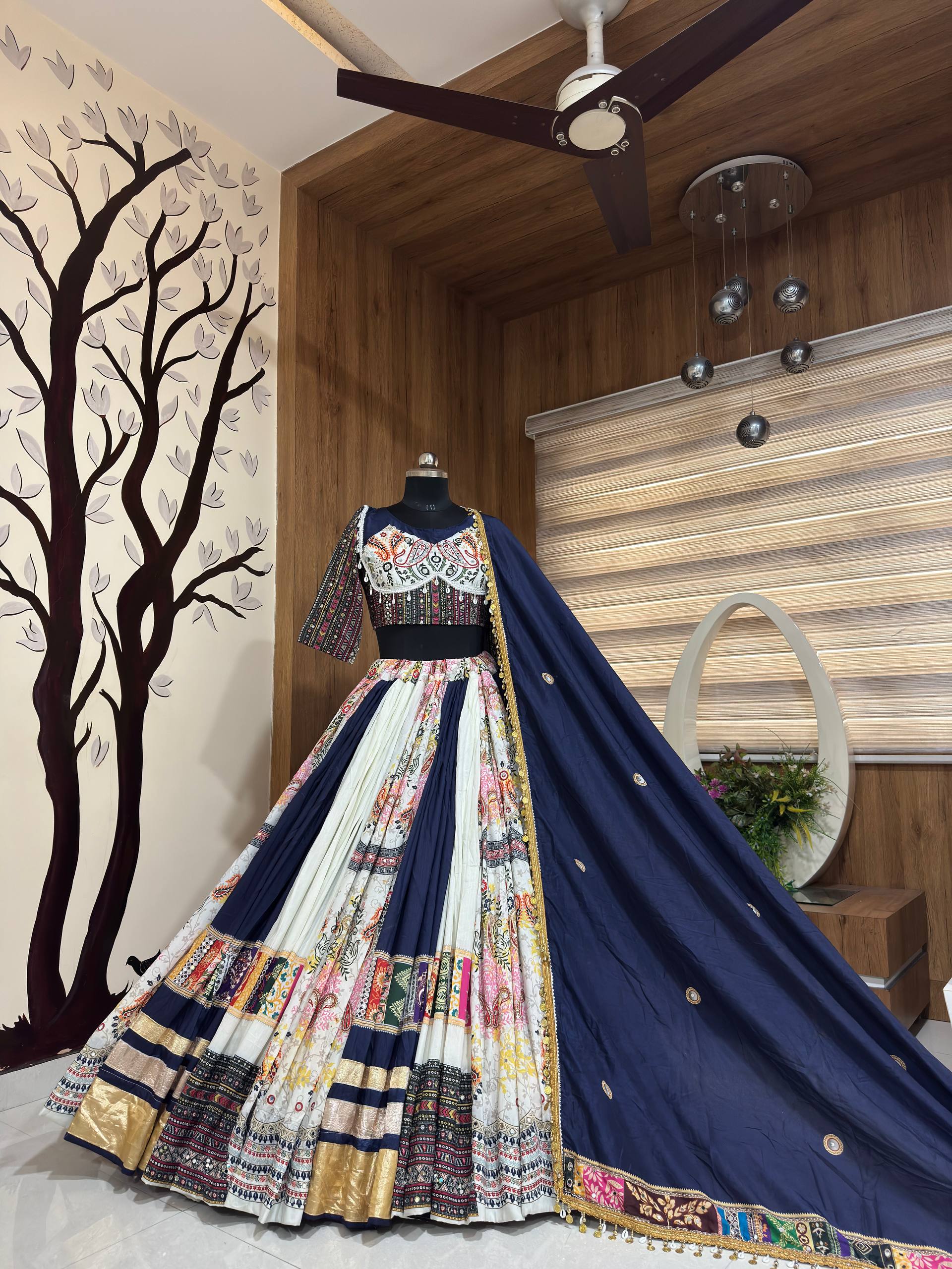 White- Blue Mirror Work Muslin Navratri Lehenga