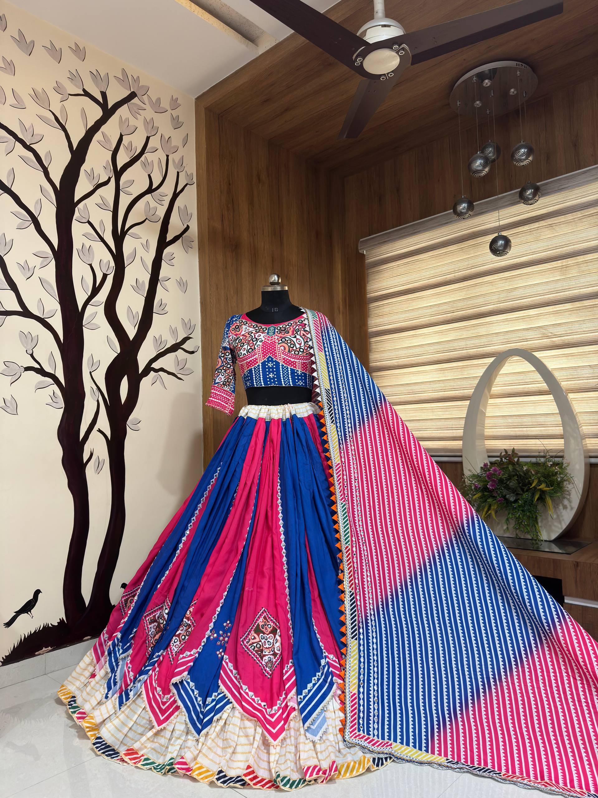 Pink - Blue Mirror Work Digital Printed Navratri Lehenga Choli