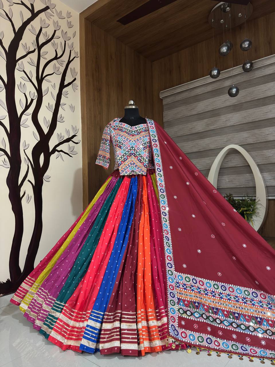 Multi Mirror Work Muslin Navratri Lehenga Choli.