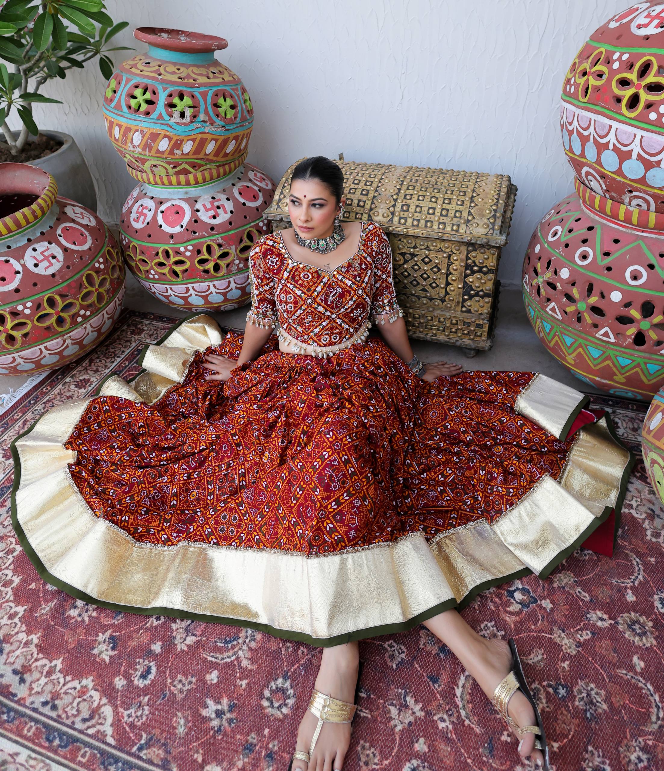 Red-Green Color Bandhej Printed Mirror Work Designer Navratri Lehenga Choli,