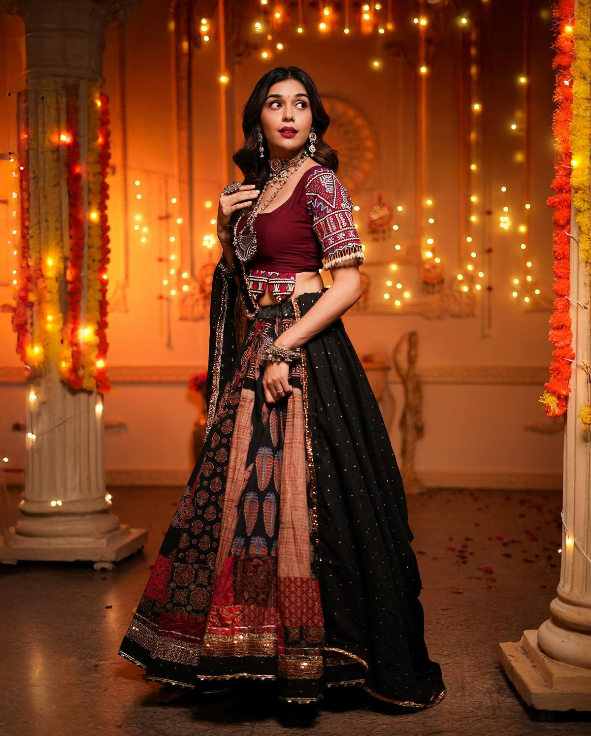 Red Ajarkh Printed Mirror Work Navratri Chaniya Choli