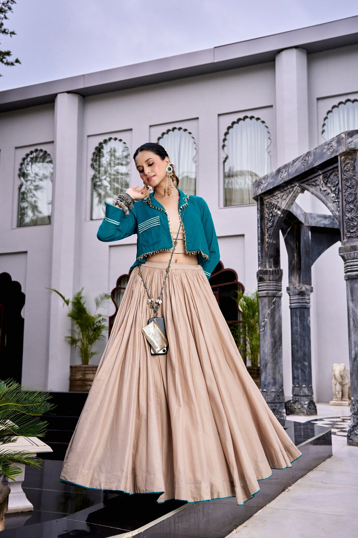 Off White Cotton Navratri Lehenga Choli with Jacket