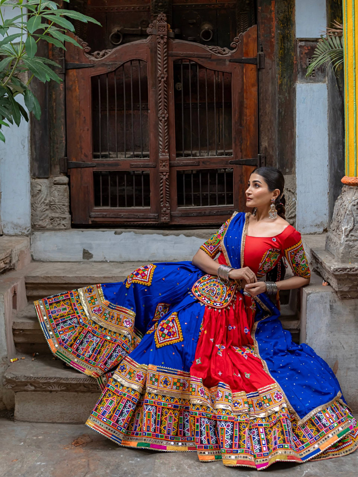 Red-Blue Printed Mirror Work Navratri Lehenga Choli