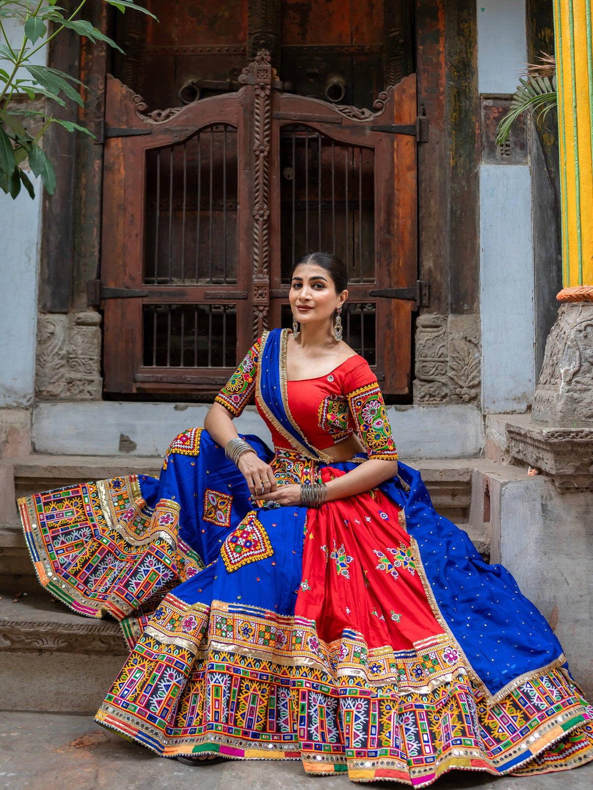 Red-Blue Printed Mirror Work Navratri Lehenga Choli