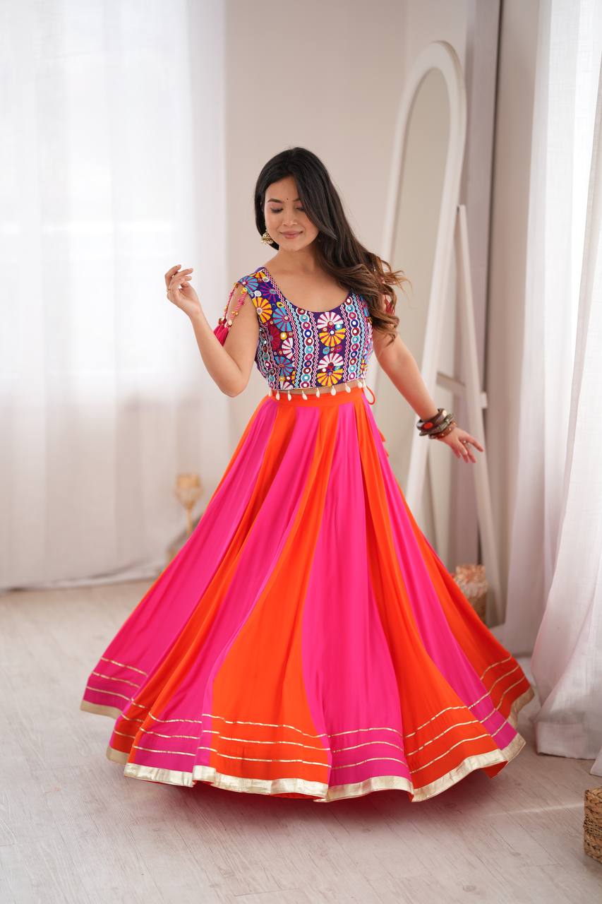 Pink & Orange Rayon Navratri Lehenga with Gamthi Blouse