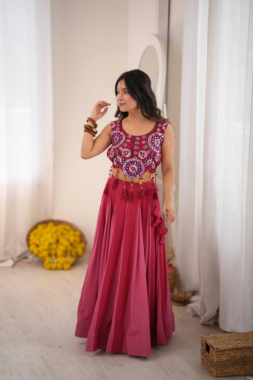 Red - Peach Rayon Navratri Lehenga with Gamthi Blouse