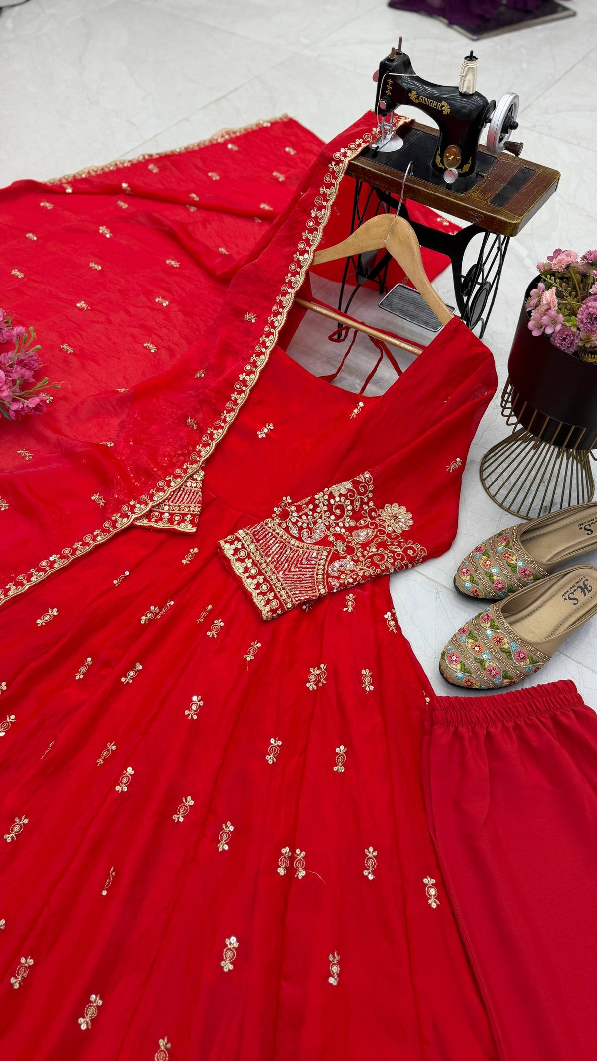 Red & Gold Embroidered Sequins Anarkali Gown Set with Dupatta
