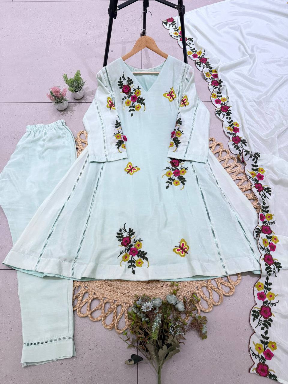 Mint Aqua Floral Embroidered A-Line Salwar Suit