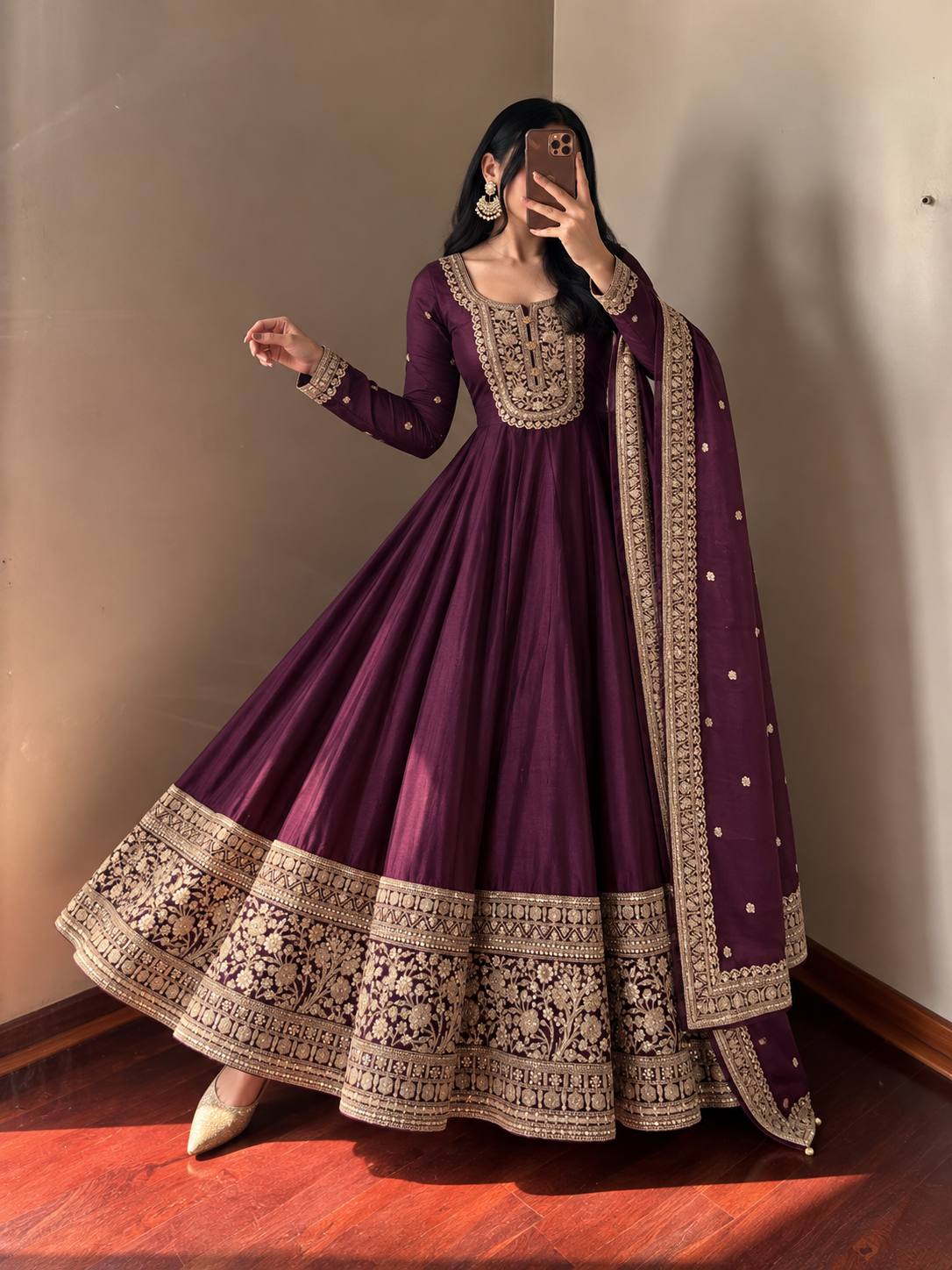 Dark Purple & Gold Embroidered Anarkali Gown Set with Dupatta