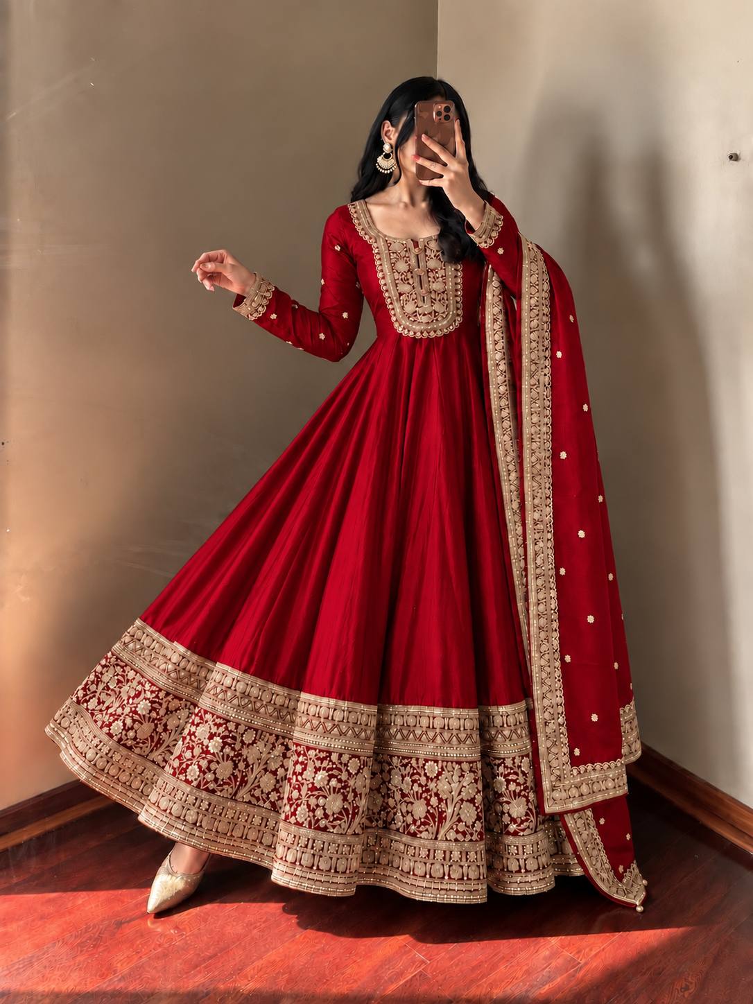 Royal Red & Gold Embroidered Anarkali Gown Set with Dupatta