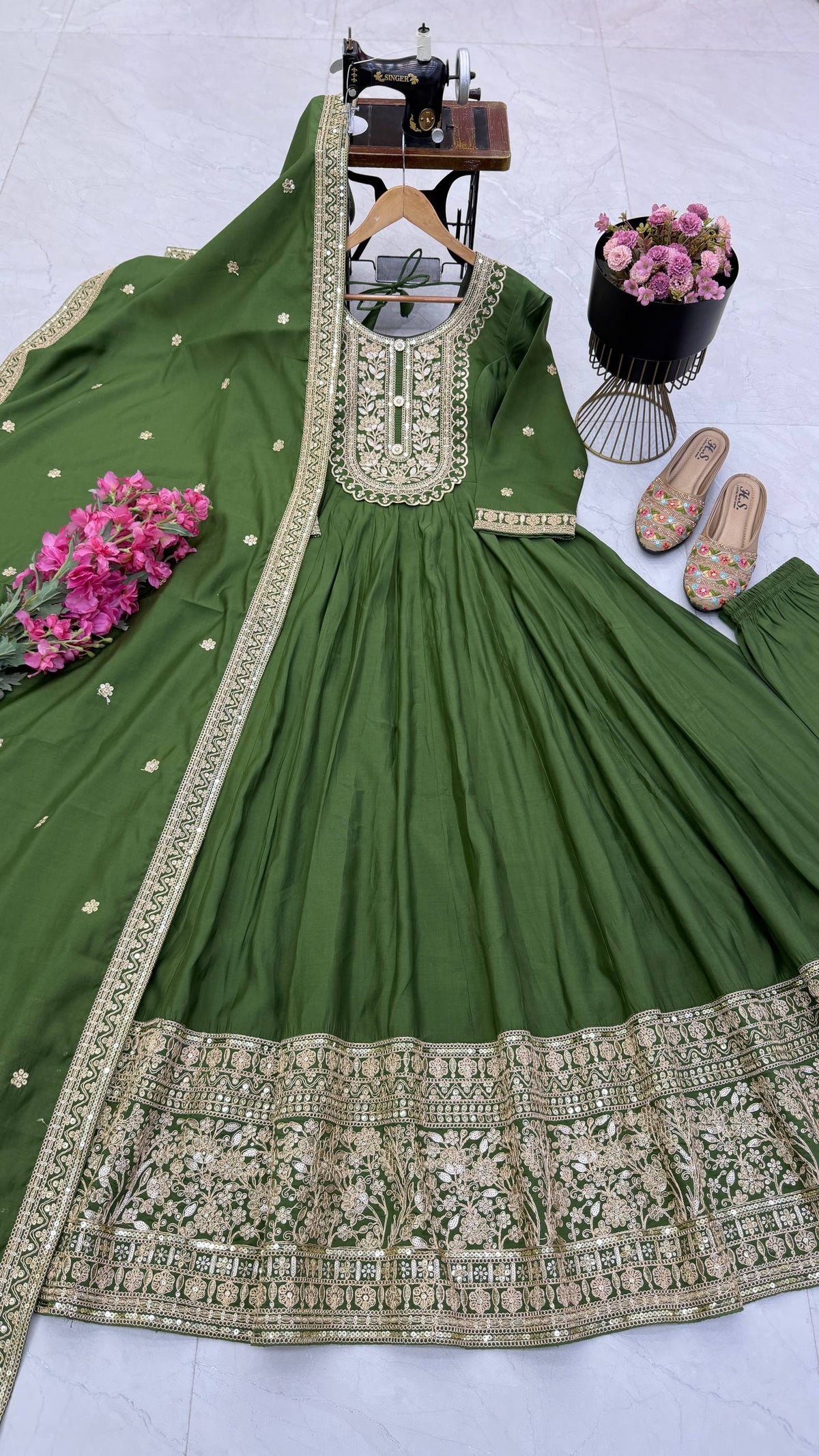 Olive & Gold Embroidered Anarkali Gown Set with Dupatta