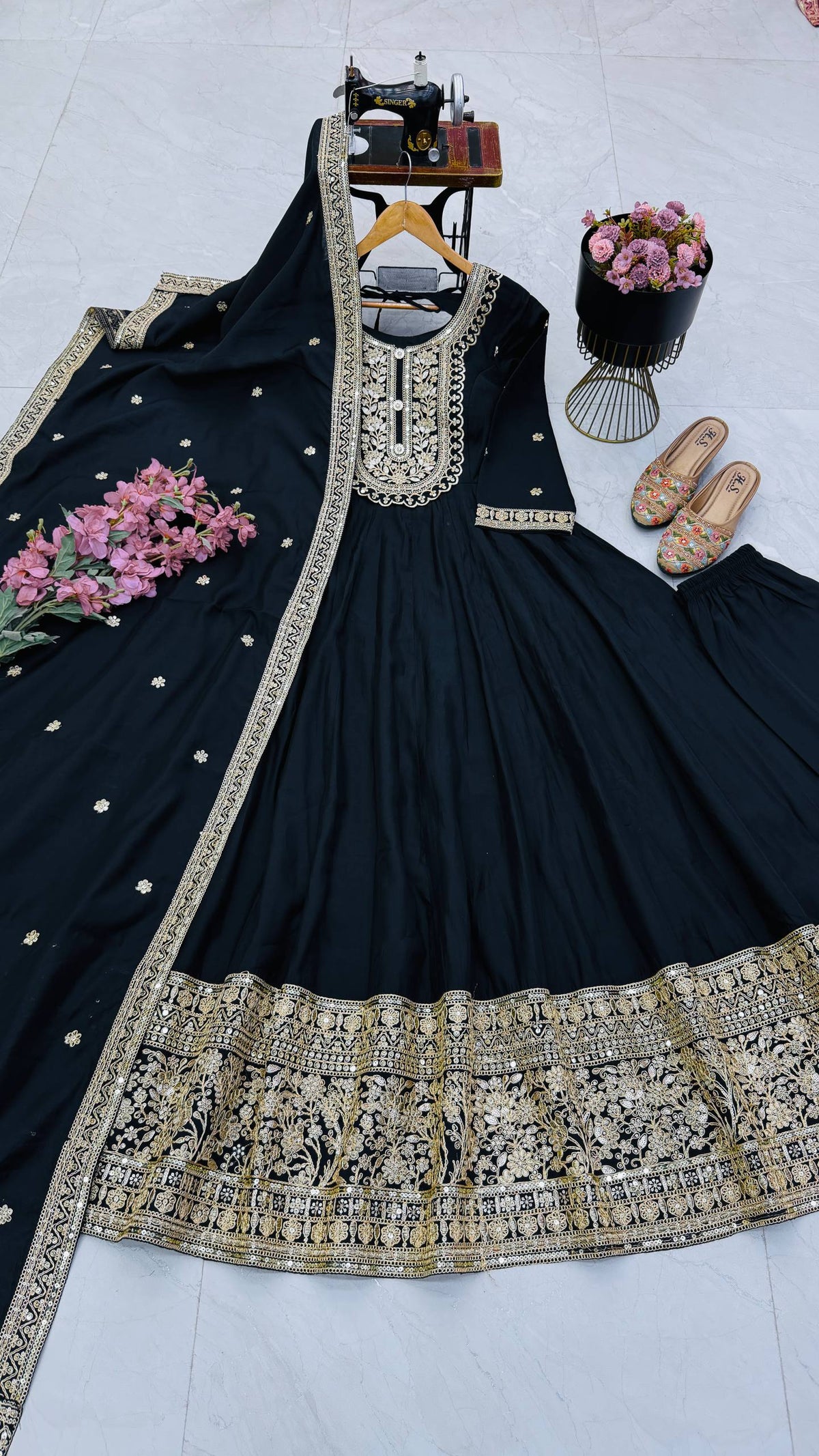 Black & Gold Embroidered Anarkali Gown Set with Dupatta