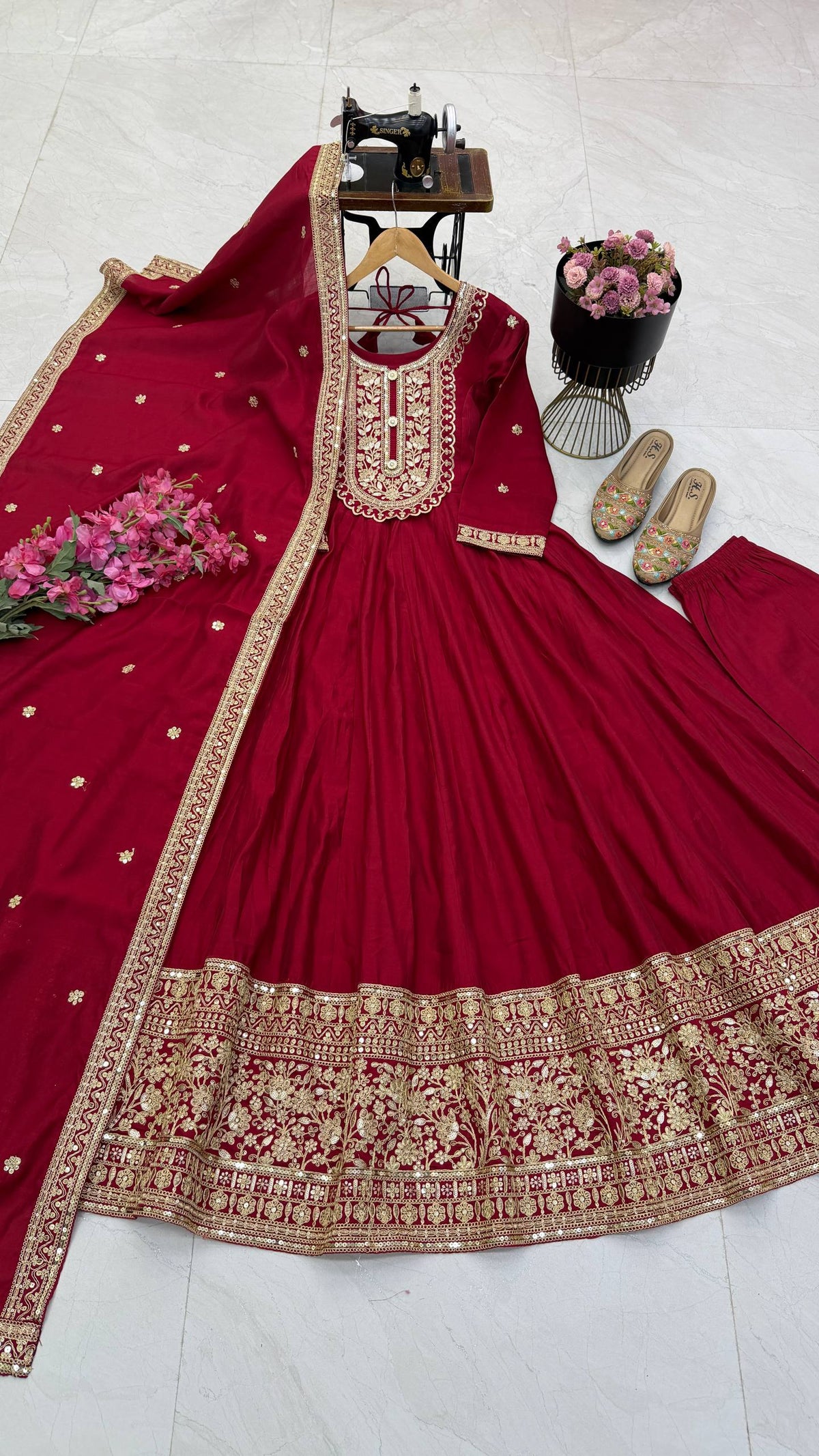 Maroon & Gold Embroidered Anarkali Gown Set with Dupatta