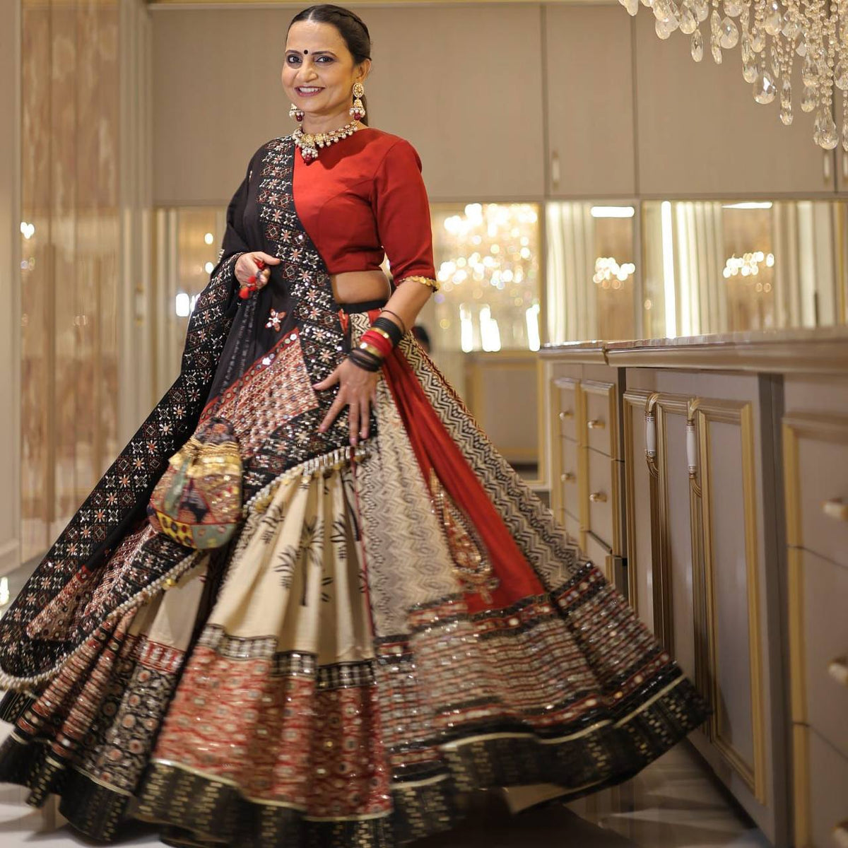 Black-Red Digital Printed Mirror Work Navratri Lehenga Choli