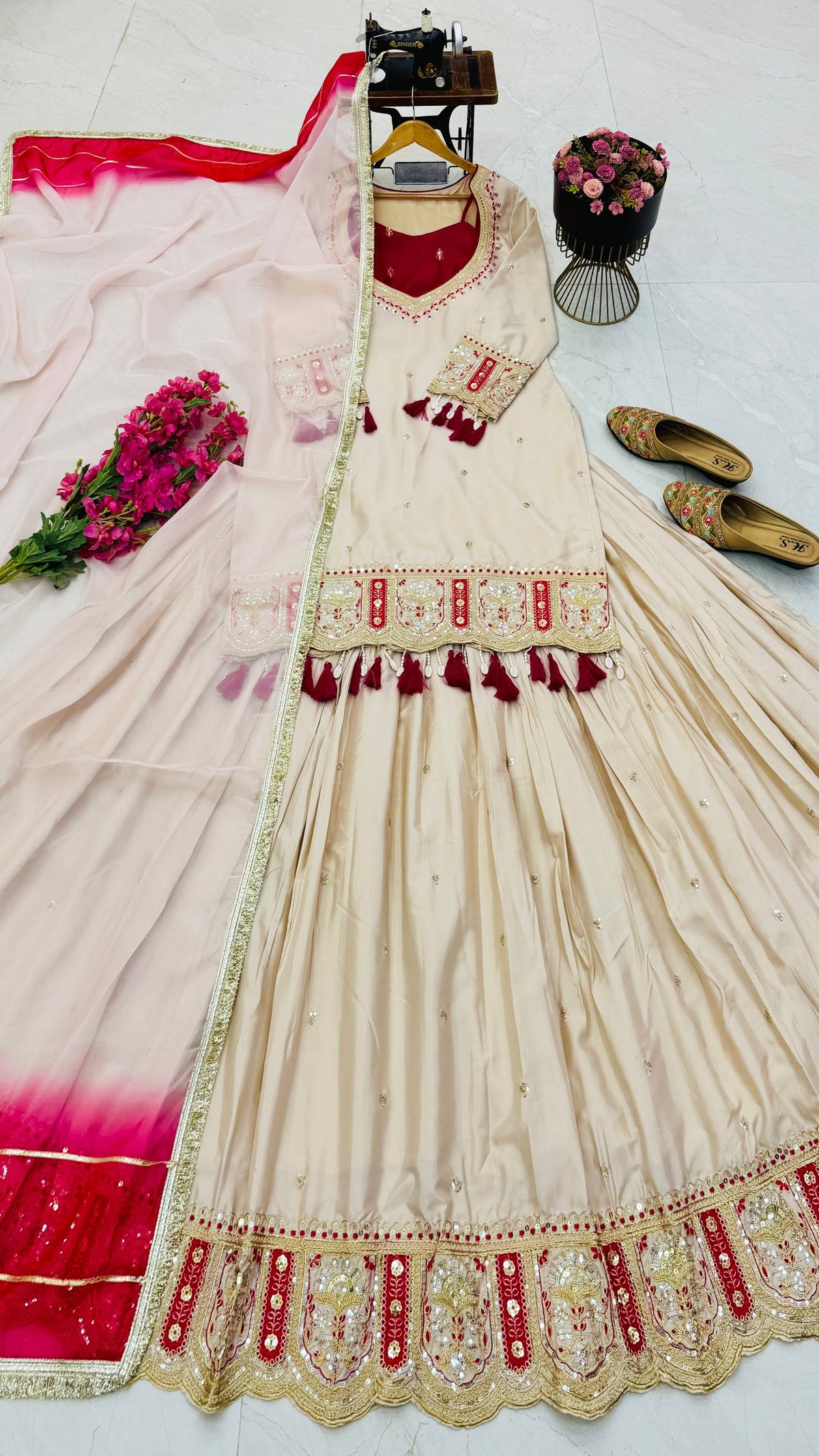 Ivory & Rani Pink Embroidered Lehenga Top with Dupatta