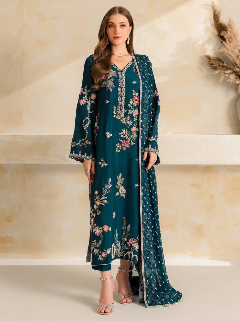 Peacock Blue Embroidered Pakistani Salwar Suit Set
