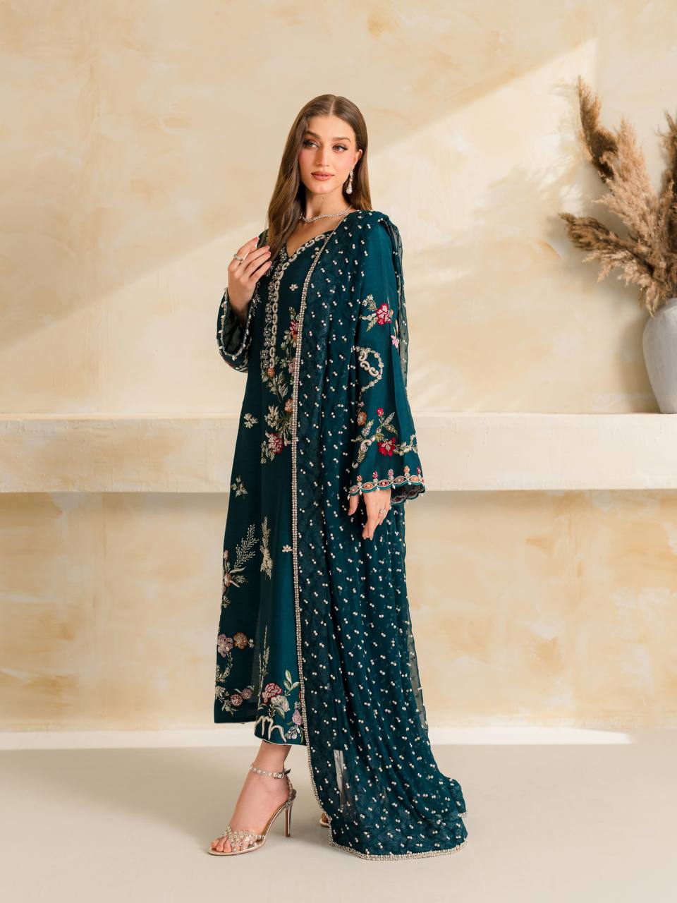 Peacock Blue Embroidered Pakistani Salwar Suit Set