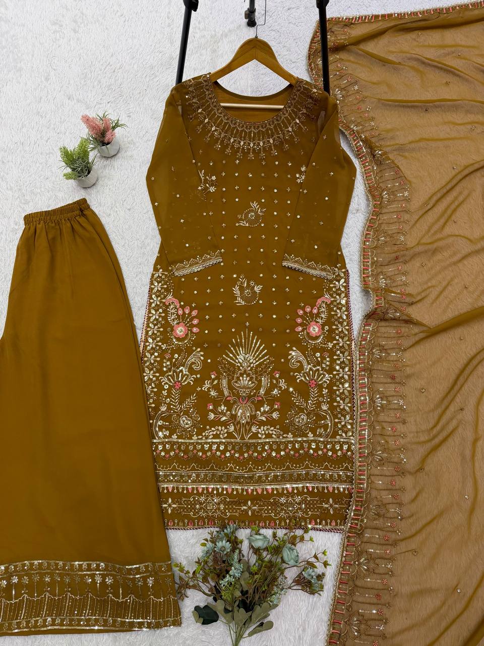Antique Bronze Brown Embroidered Palazzo Suit with Dupatta