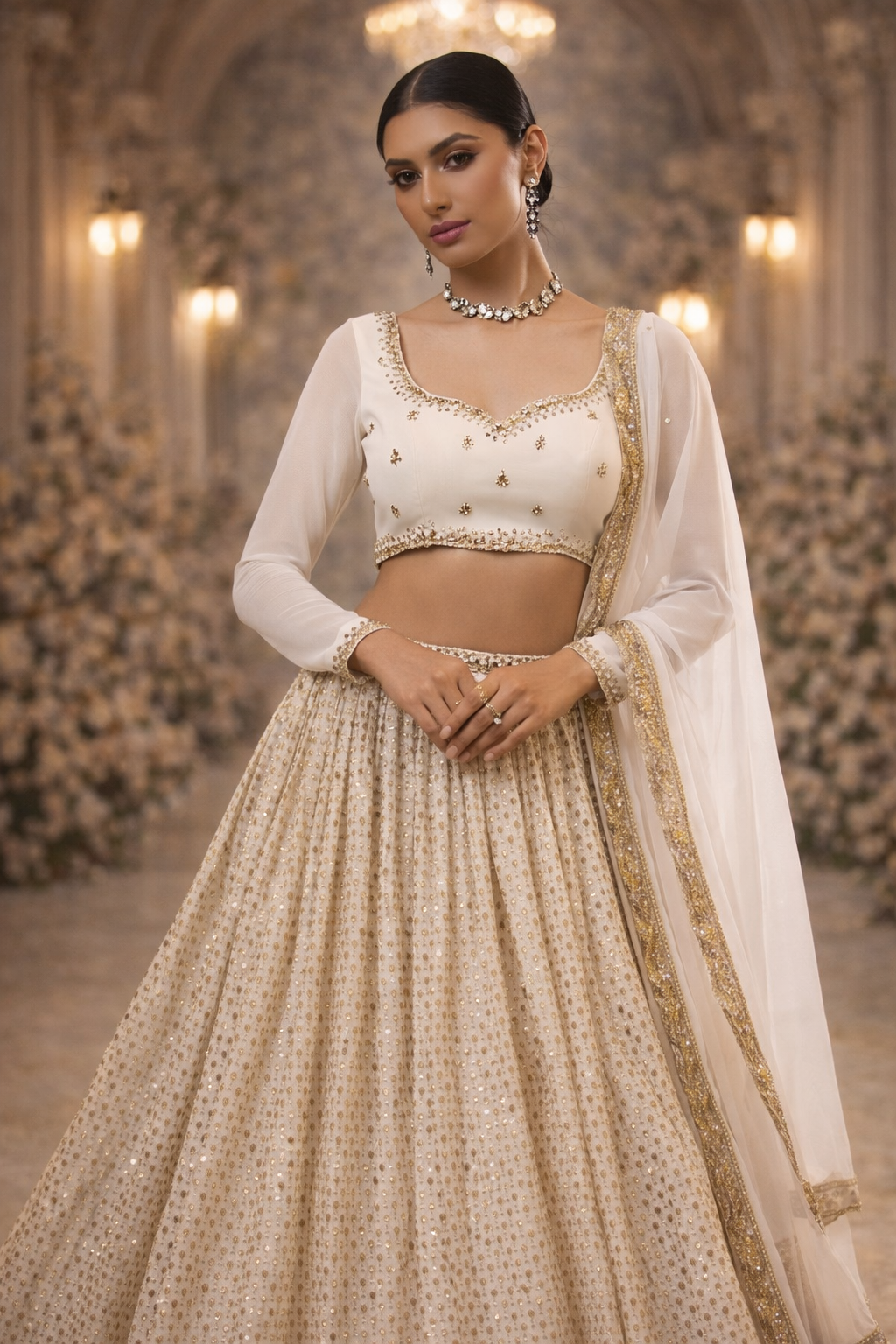 White Sequin Party Wear Lehenga for Women