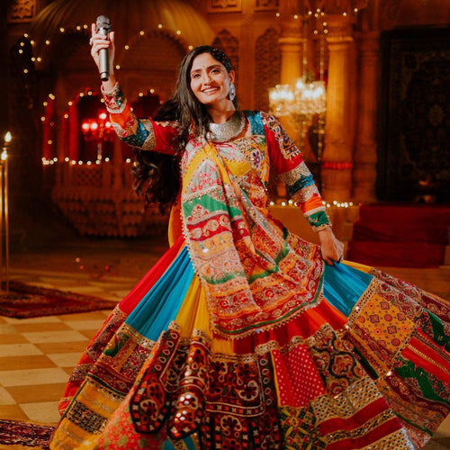 Geeta Rabari Wear Multi Color Digital Printed Mirror Work Muslin  Lehenga Choli