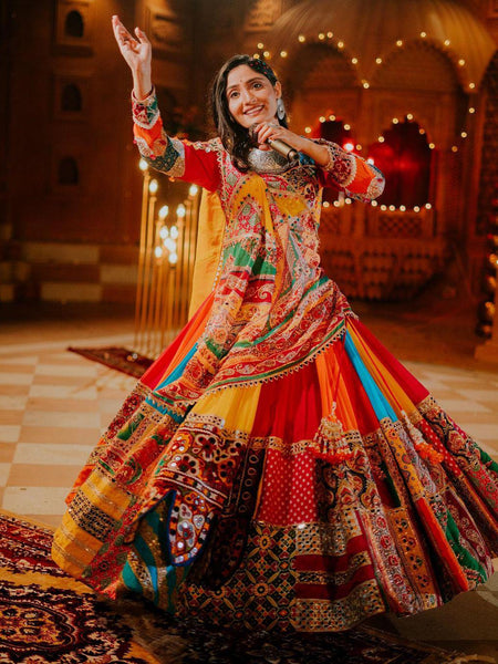 Geeta Rabari Wear Multi Color Digital Printed Mirror Work Muslin  Lehenga Choli