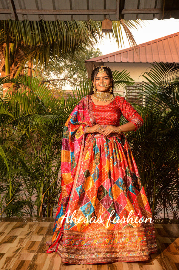 Multi Color Digital Printed With Khalti Work Wedding Special Lehenga Choli