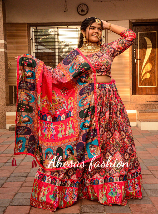 Traditional Multi Color Chinon Silk Digital Printed & Khatli Work Lehenga Choli