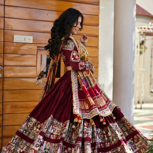 Red Color Mirror Work Digital Printed Lehenga Choli