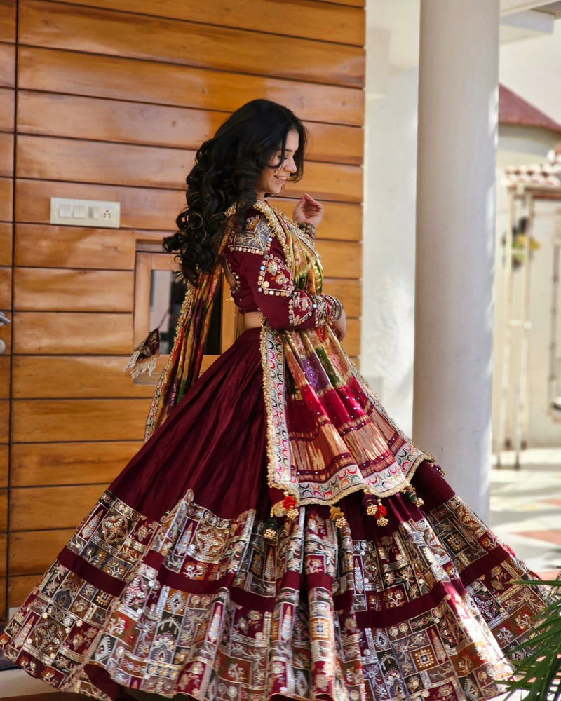 Red Color Mirror Work Digital Printed Cotton Lehenga Choli