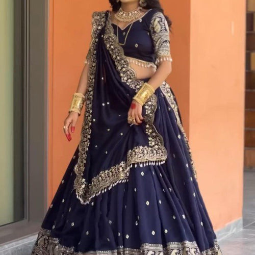 Navy Blue Color Heavy Thread with Sequins Work  Designer Lehenga Choli