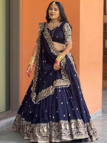 Navy Blue Color Heavy Thread with Sequins Work  Designer Lehenga Choli
