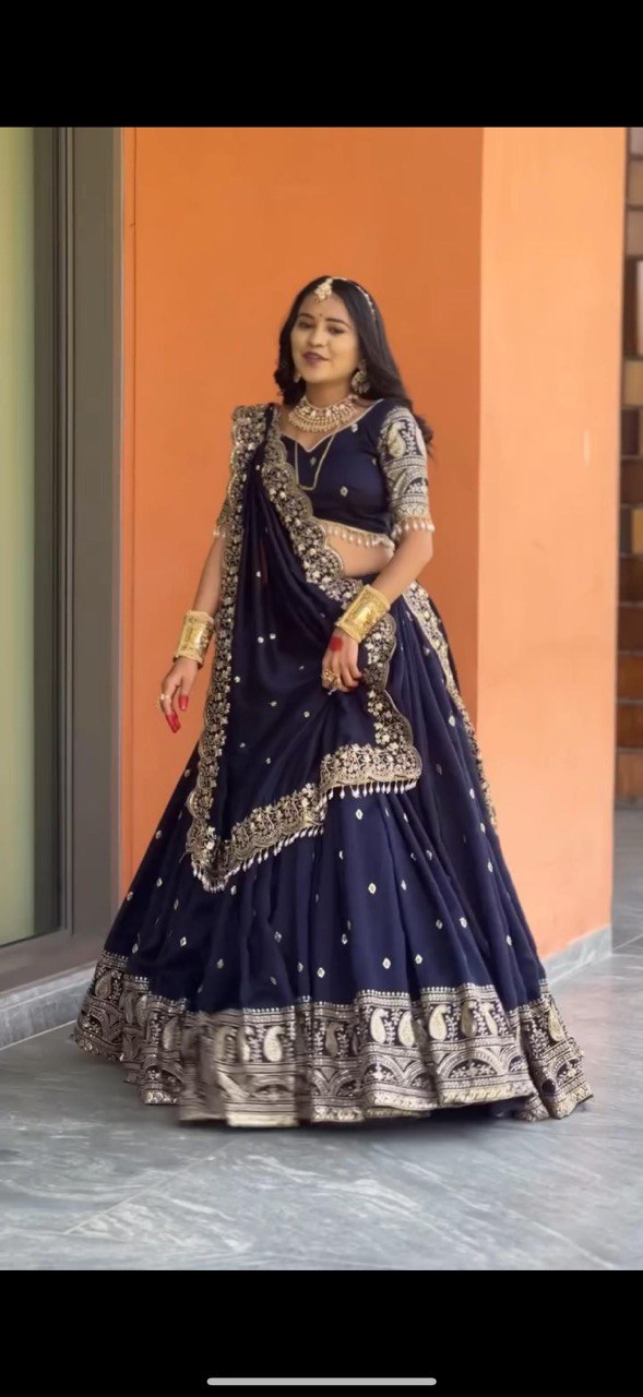 Navy Blue Color Heavy Thread with Sequins Work  Designer Lehenga Choli