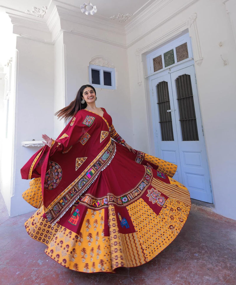 Red Color Navratri Special Digital Printed Mirror Work Lehenga Choli