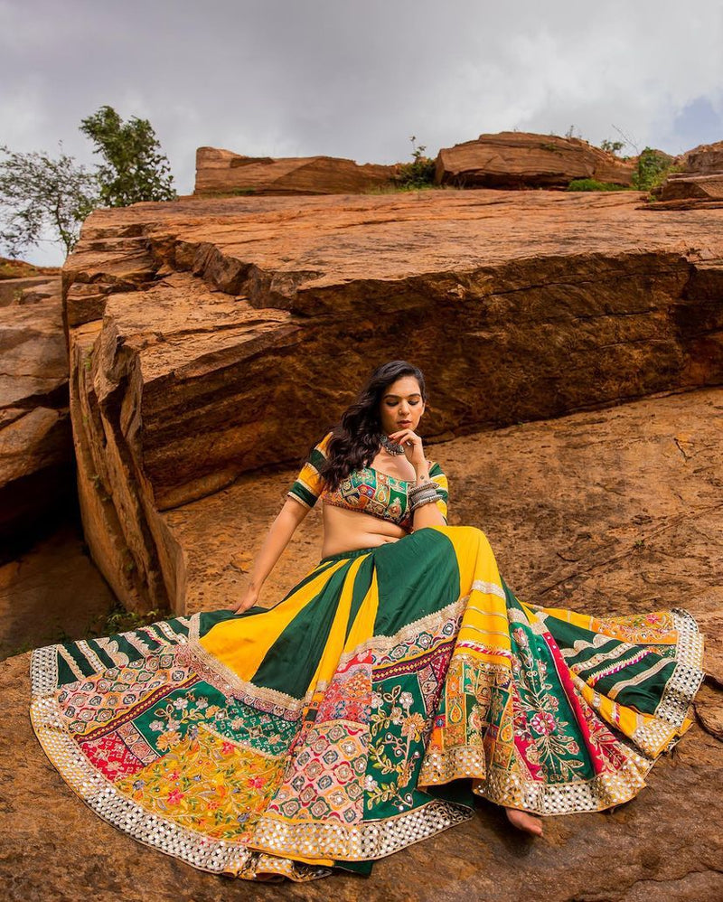 Yellow - Green Color Digital Printed Mirror Work Cotton Chaniya Choli