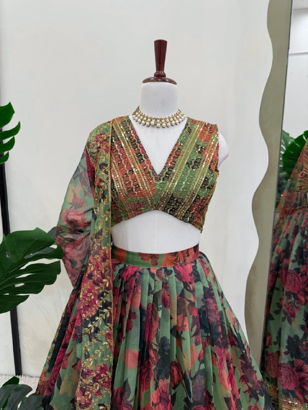 Green Color  with Digital Printed Thread with Sequins Work Lehenga Choli