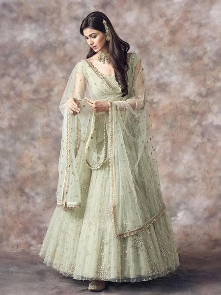 Pista Green Color Sequins Embroidery Work Net Designer Lehenga
