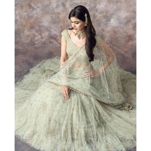 Pista Green Color Sequins Embroidery Work Net Designer Lehenga