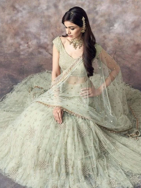 Pista Green Color Sequins Embroidery Work Net Designer Lehenga
