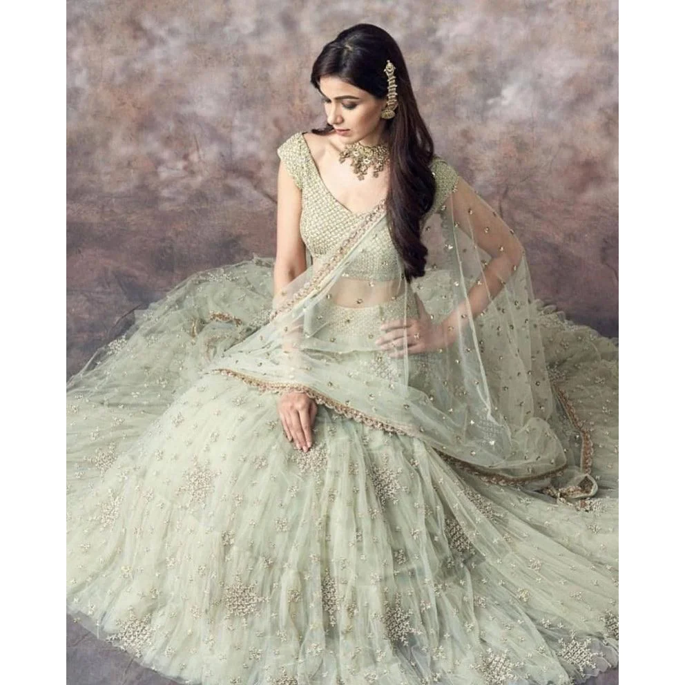 Pista Green Color Sequins Embroidery Work Net Designer Lehenga