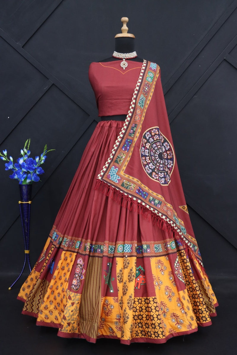 Red Color Navratri Special Digital Printed Mirror Work Lehenga Choli