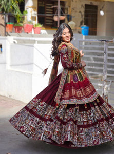 Red Color Mirror Work Digital Printed Lehenga Choli