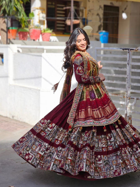 Red Color Mirror Work Digital Printed Lehenga Choli