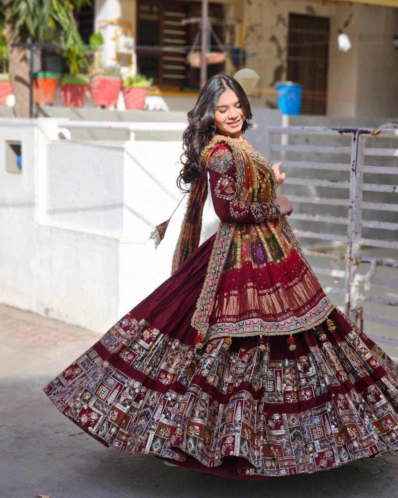 Red Color Mirror Work Digital Printed Cotton Lehenga Choli