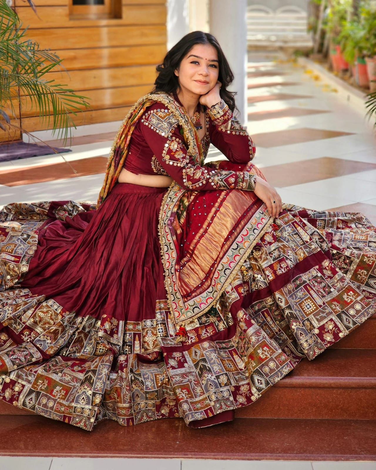 Red Color Mirror Work Digital Printed Lehenga Choli